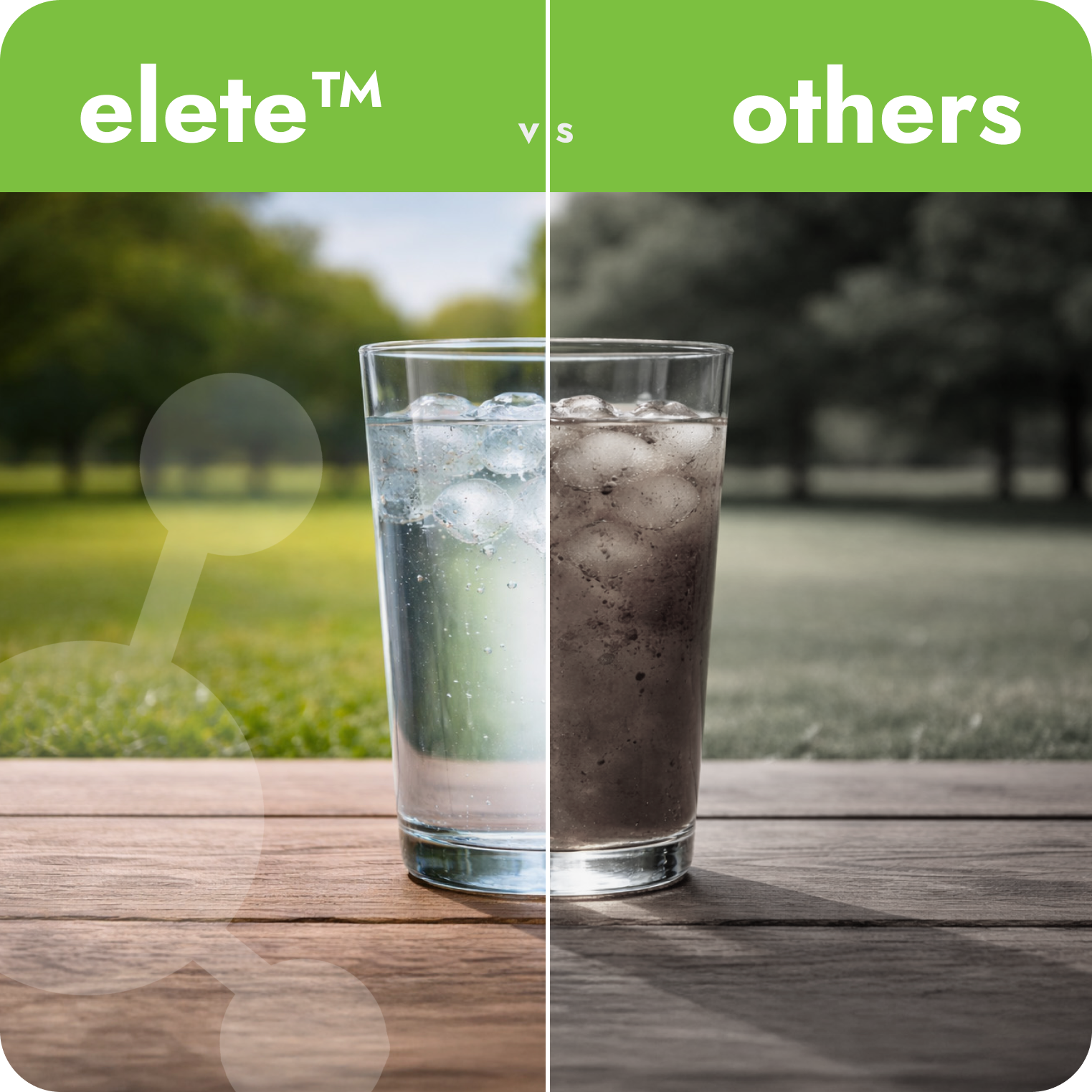 Comparison of two electrolyte drinks in glasses, one clear with ice, the other cloudy, outdoors
